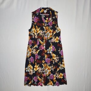 JBS Vtg Midi Dress Women 24W Dark Floral Full Button Front Collar Tropical 2X